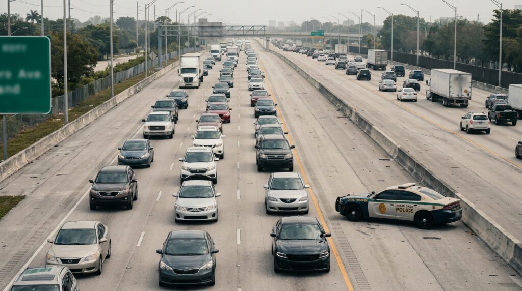 Miami Dade Police vehicle parked on busy multi-lane highway amid heavy traffic