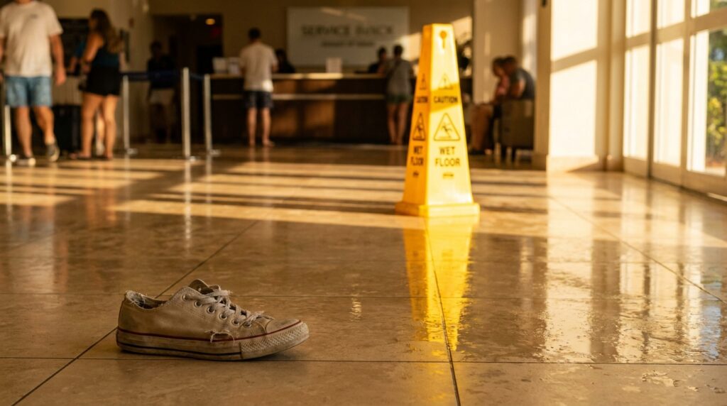 lone sneaker on wet floor beside Caution Wet Floor warning sign in public lobby