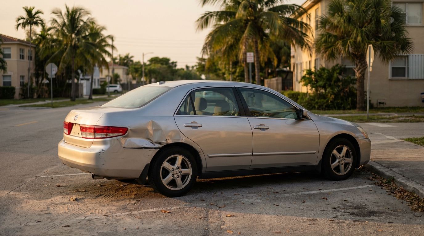 Honda sedan with visible rear quarter panel collision damage parked on residential street