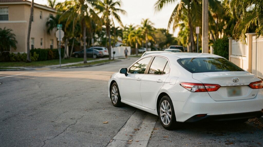 Toyota Camry sedan with Uber decal parked on residential street near palm trees