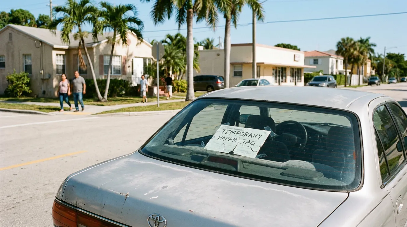 Toyota sedan with handwritten Temporary Paper Tag sign displayed in rear windshield