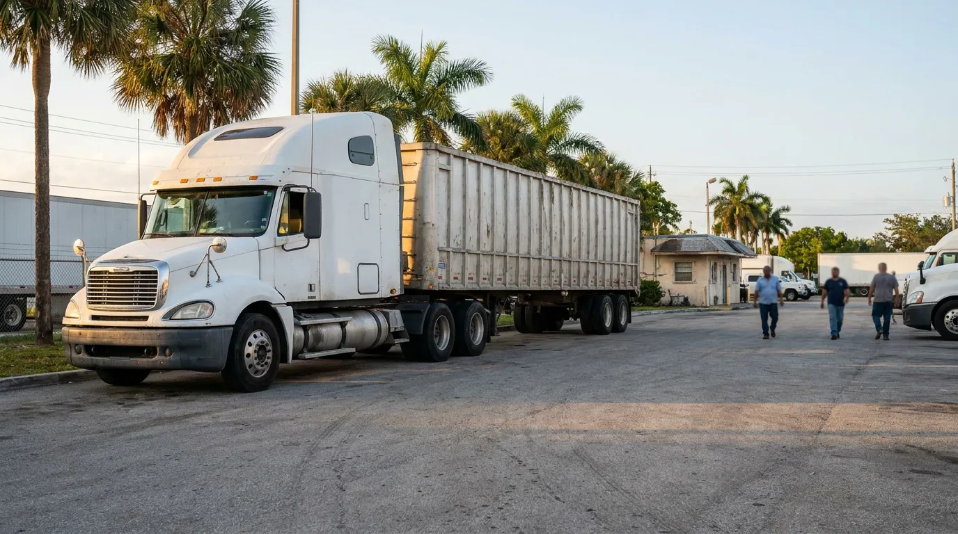 large semi-truck with enclosed trailer parked in commercial lot near warehouse