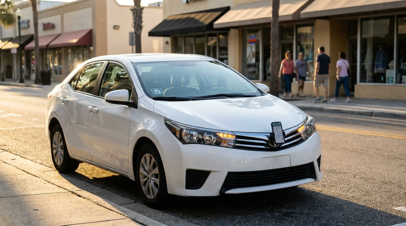 rideshare sedan with mounted smartphone navigation device stopped on urban street