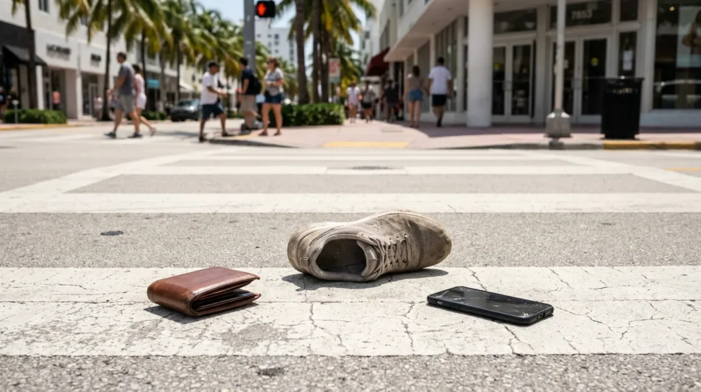 shoe, wallet, and cracked phone scattered on urban crosswalk after pedestrian accident