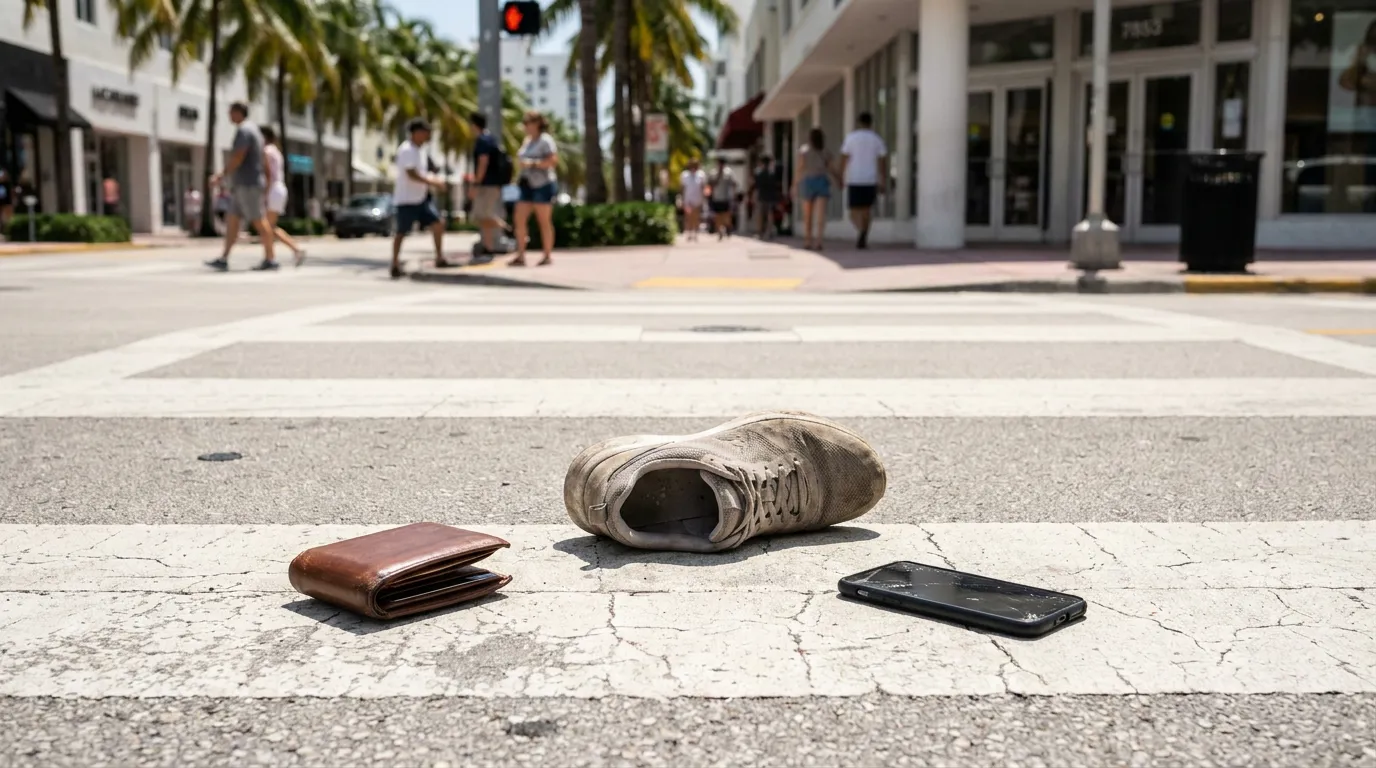 shoe, wallet, and cracked phone scattered on urban crosswalk after pedestrian accident