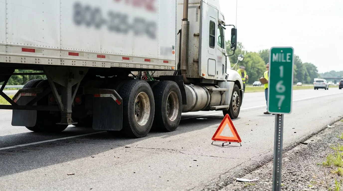 semi-truck stopped on highway shoulder near Mile 167 sign with warning triangle