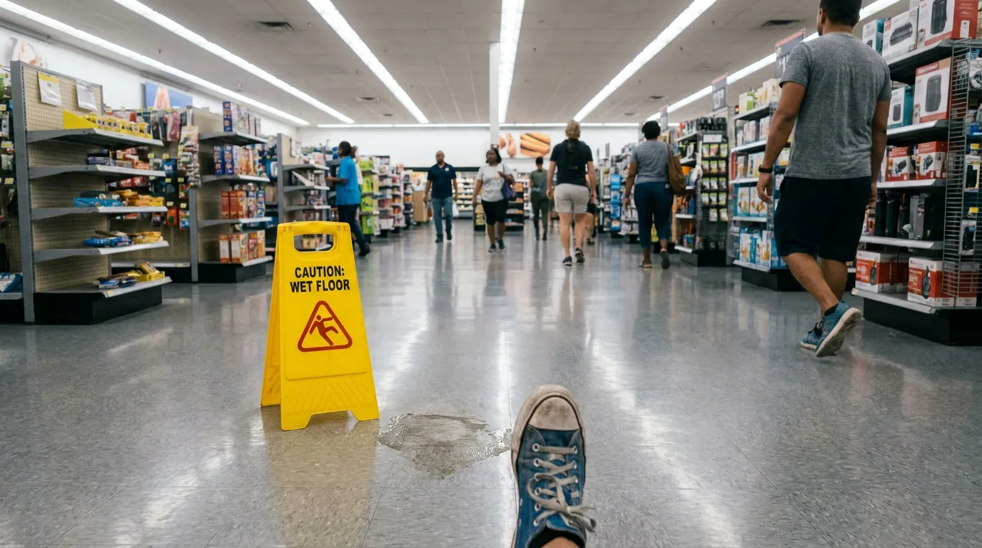 Caution Wet Floor sign beside puddle in busy retail store aisle