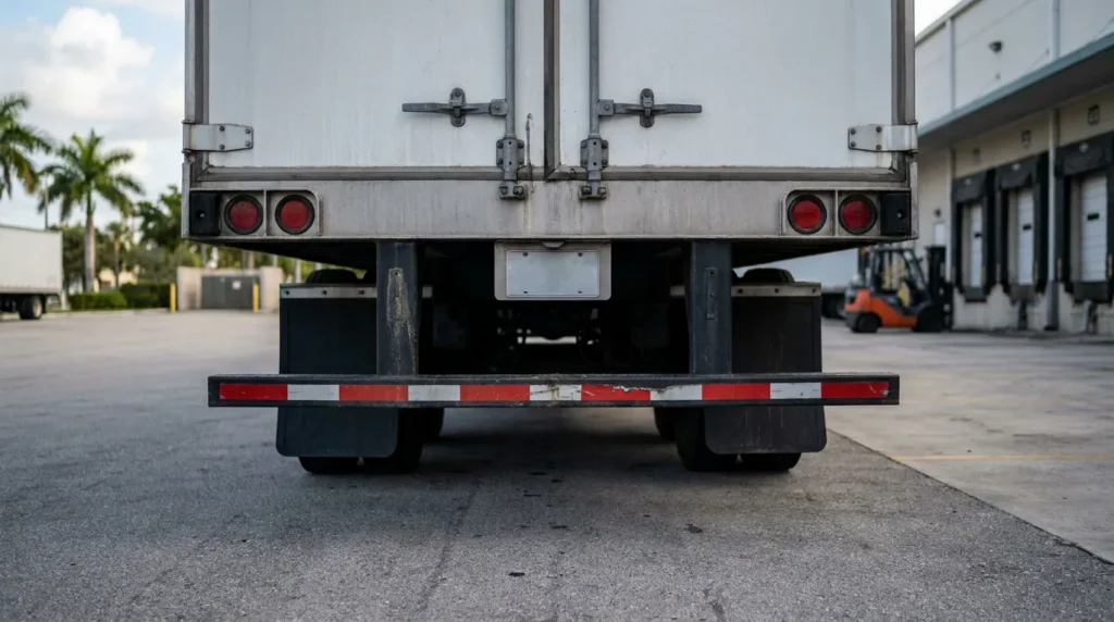 rear view of commercial semi-truck trailer with reflective underride guard at loading dock