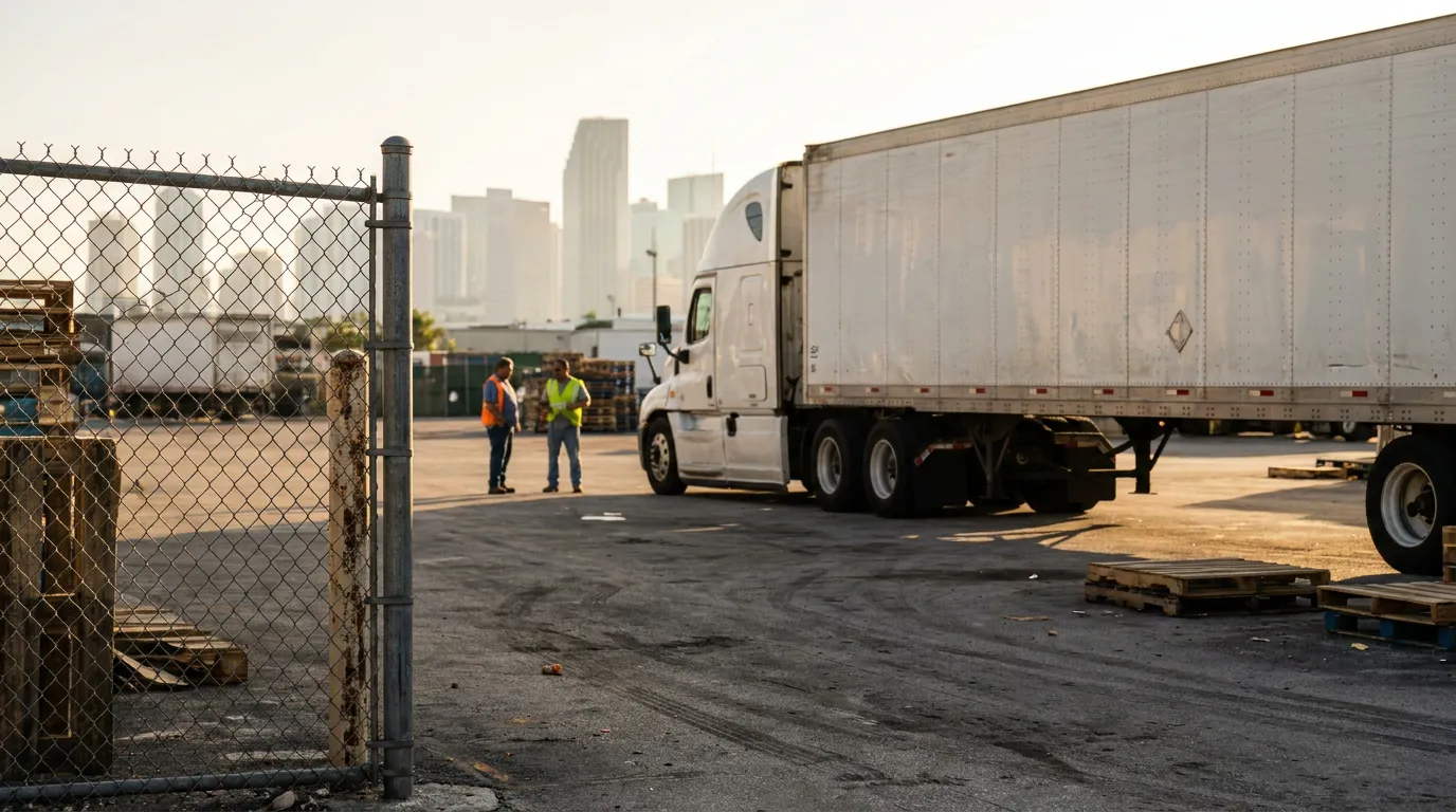 two workers in safety vests standing beside large commercial semi-truck at industrial yard