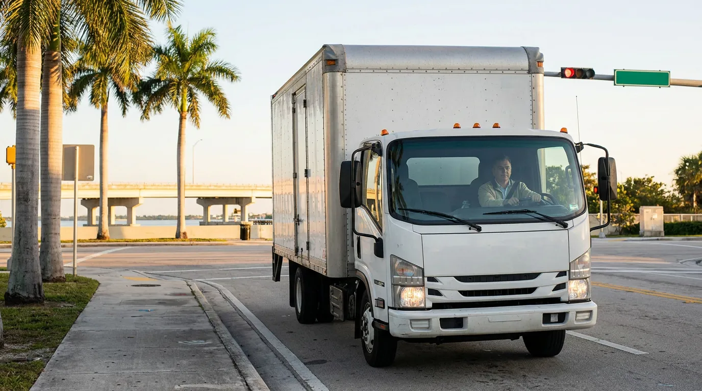 Box truck driver crossing intersection near bridge and palm trees