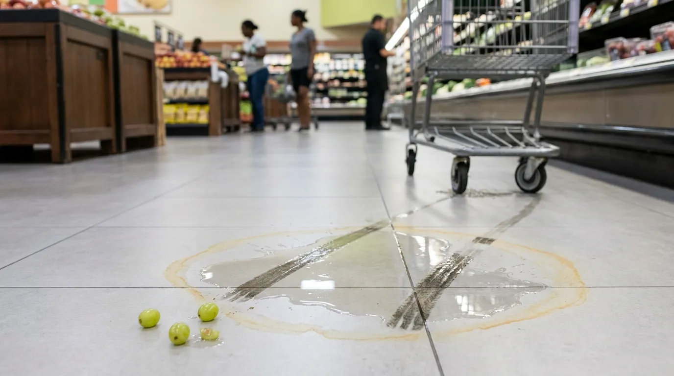 grapes and liquid spill on grocery store floor near shopping cart