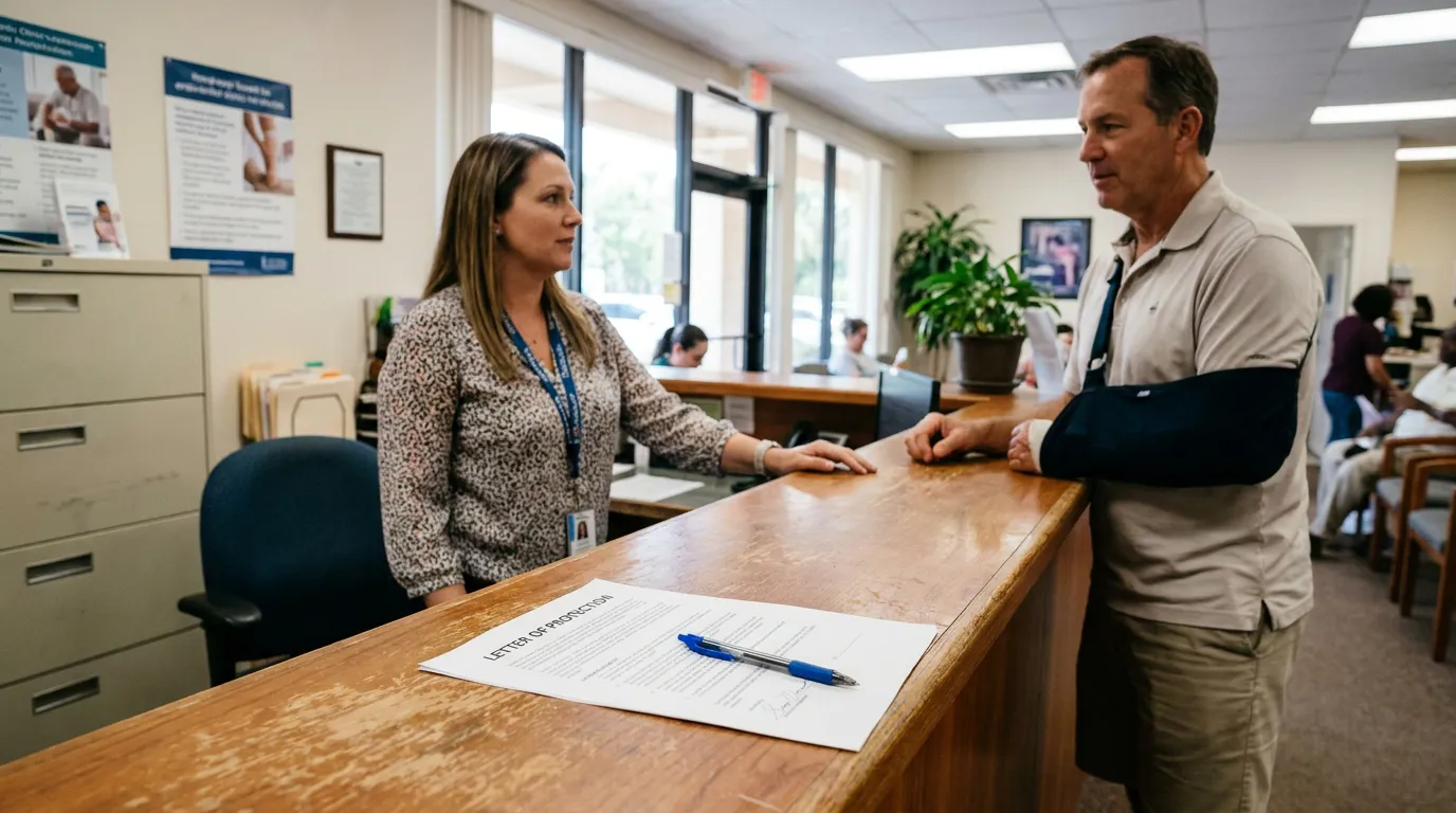 injured man with arm sling at medical office counter with Letter of Protection document